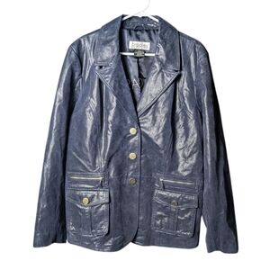 Bradley Bayou Leather Genuine Women's XL Metallic Blue Jacket Button Long Sleeve